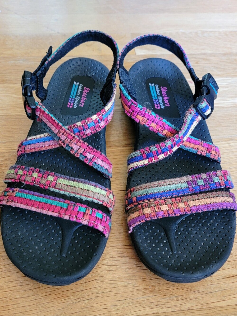 Skechers Reggae Sew Me Pink Purple Multicolor Women's Woven Strap Sandals size 8